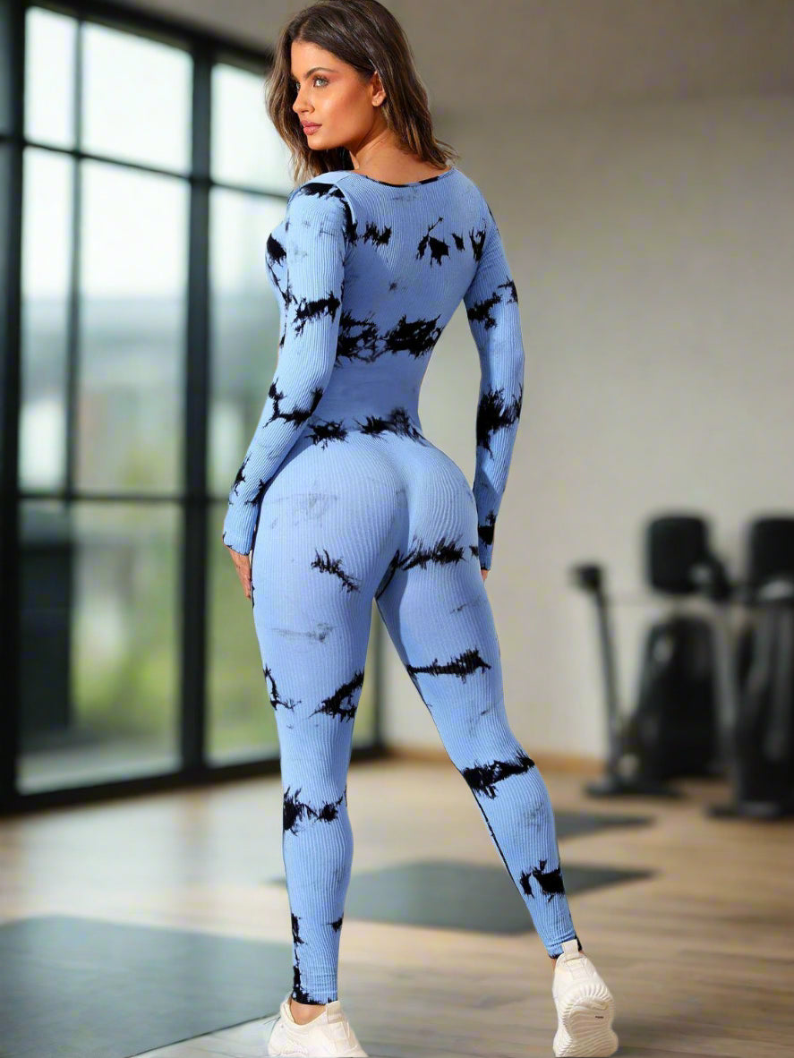 Long sleeve tie dye full length women's activewear bodysuit