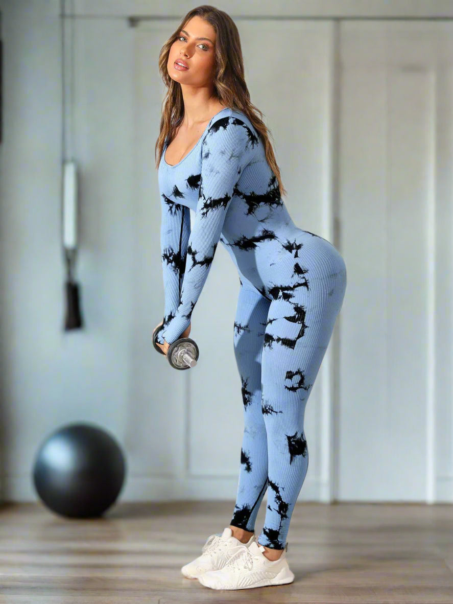 Long sleeve tie dye full length women's activewear bodysuit