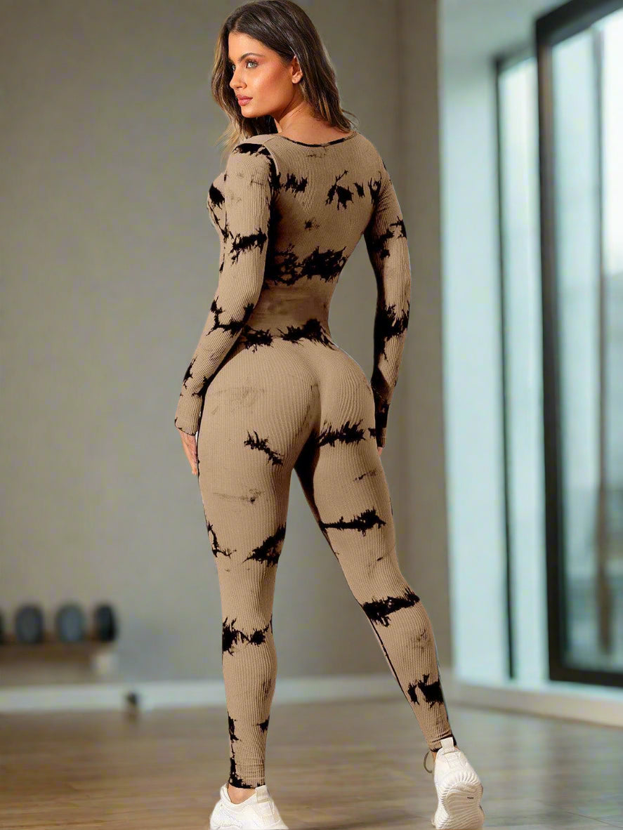 Long sleeve tie dye full length women's activewear bodysuit