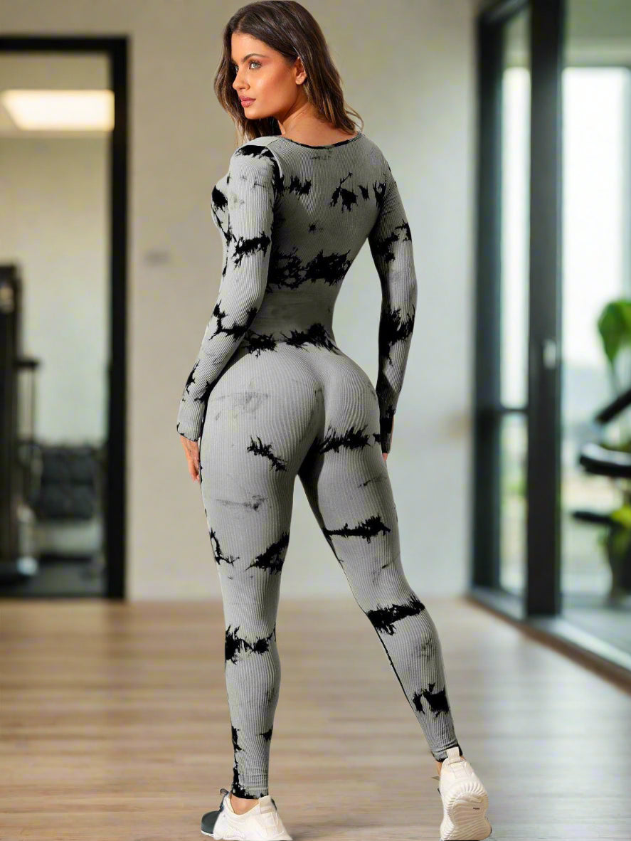 Long sleeve tie dye full length women's activewear bodysuit