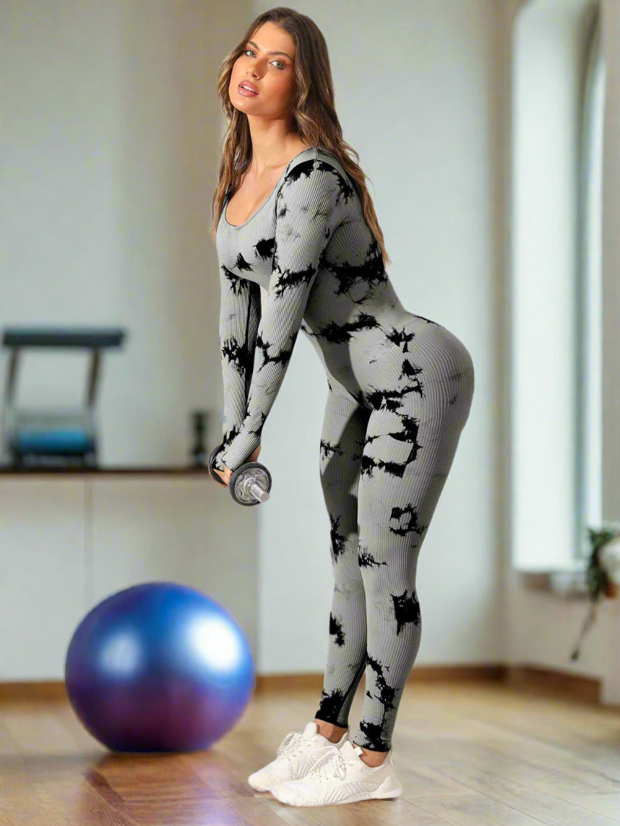 Long sleeve tie dye full length women's activewear bodysuit