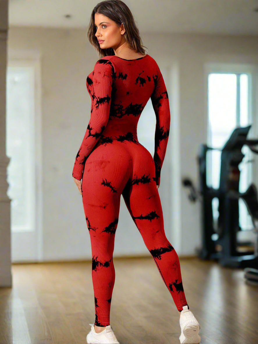 Long sleeve tie dye full length women's activewear bodysuit