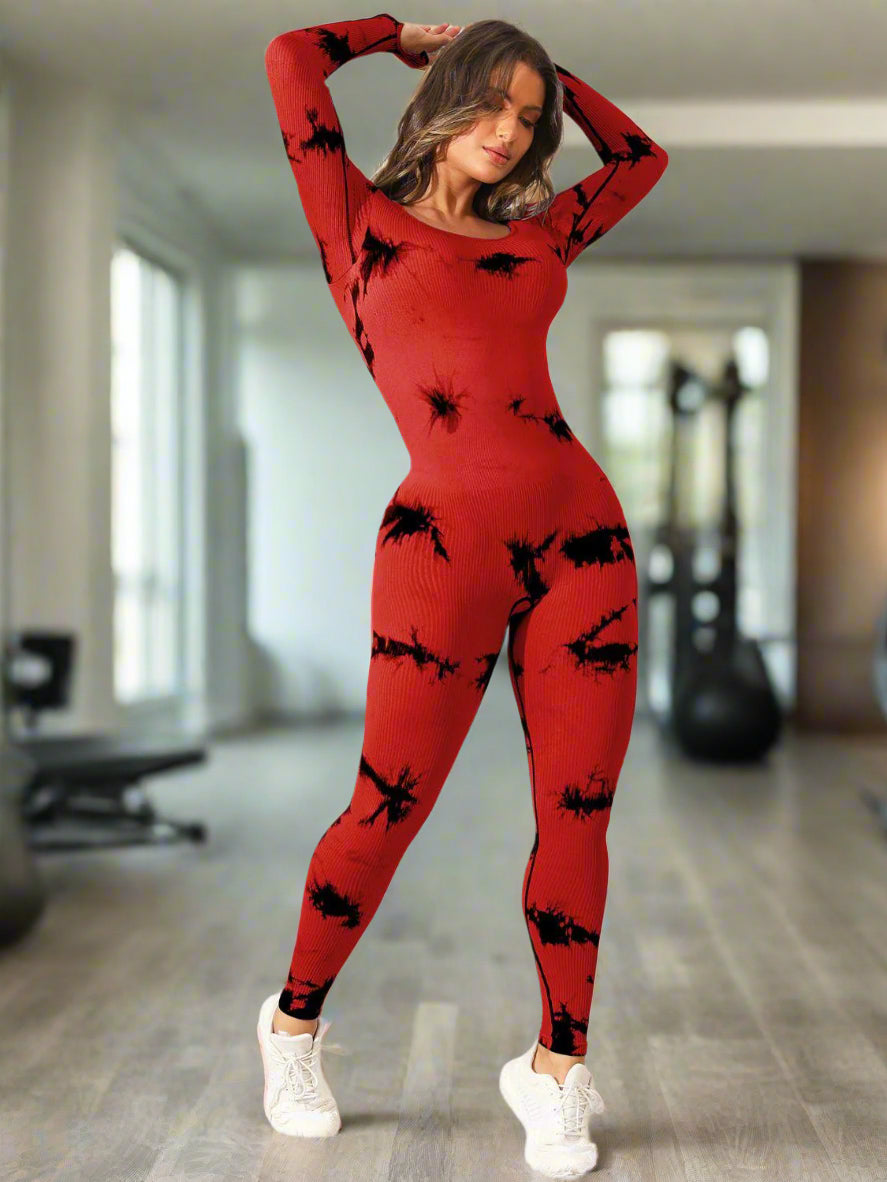 Long sleeve tie dye full length women's activewear bodysuit