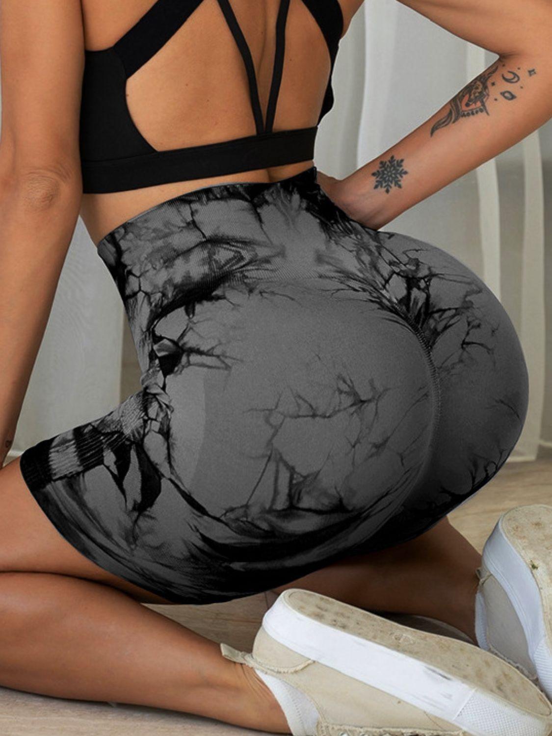Trendy high waisted tie dye women's gym shorts