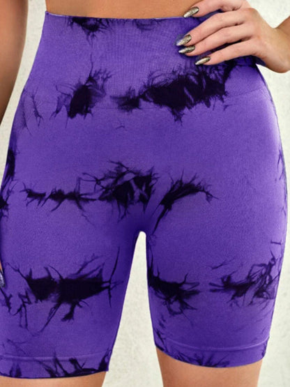 Trendy high waisted tie dye women's gym shorts